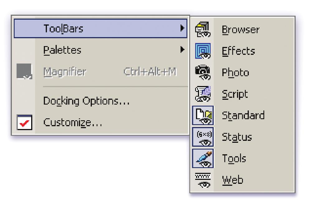 Toolbars and Palettes Some of the tools on the Standard toolbar such as New, Open, Save and Print should be familiar to you. New Browse Save Undo Cut Open Print Redo Copy Figure 1.