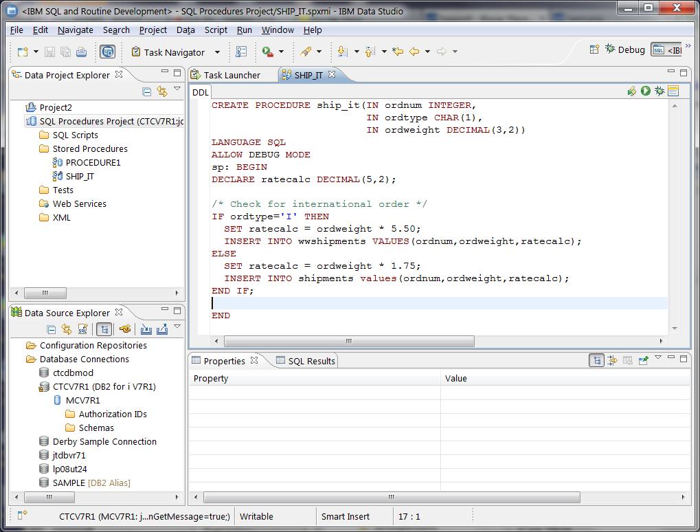 Figure 9: Data Studio SQL and Routine Development perspective Starting the debugger Now that the stored procedure has been created within Data Studio, it is time to start the debug process.