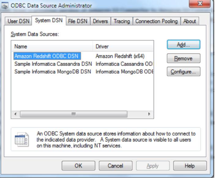 Configuring Amazon Redshift ODBC Connection To use an ODBC connection to connect to Amazon Redshift, you must create a data source name in the ODBC datasource administrator.