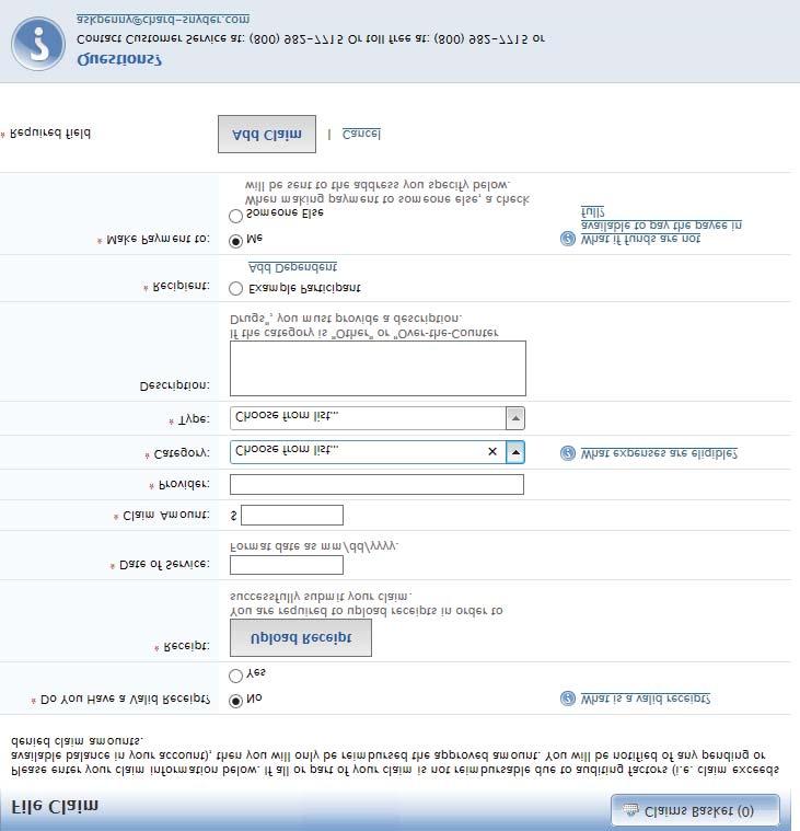 File a Claim Here is a picture of the File Claim screen. Complete the information, scan and attach the relevant receipt, and click the Add Claim button.
