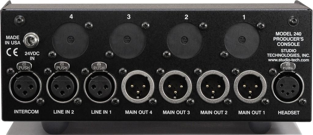 Figure 2. Model 240 back panel System Features Headset for Microphone and Phones A 5-pin XLR connector is provided for connection of a broadcast-style headset.