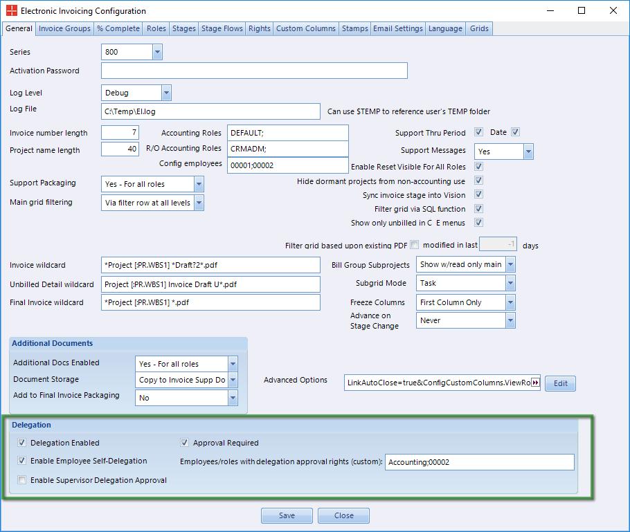Appendix A Employee Delegation Configuration All delegation configuration is done on the General tab of the EI configuration window as seen here: Configuration Options Delegation Enabled This option