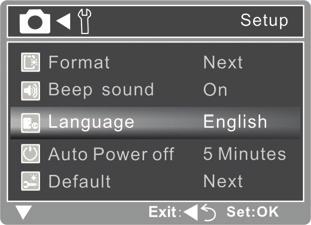 Select [Language] with the buttons, and press the SHUTTER button. The Language setting screen will be displayed. 4.