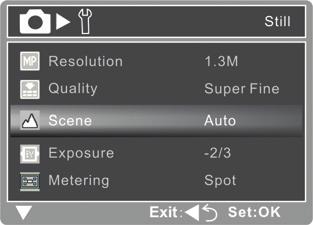Setting the Scene Mode You can select the scene mode according to image your wish to capture. There are 6 available modes in this scene mode.