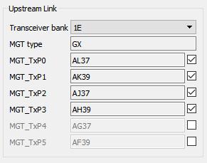 Upstream link transceivers choice grouped by 4 (Quad, Xilinx FPGA) At IP insertion, there is no restriction on the number of transceivers.
