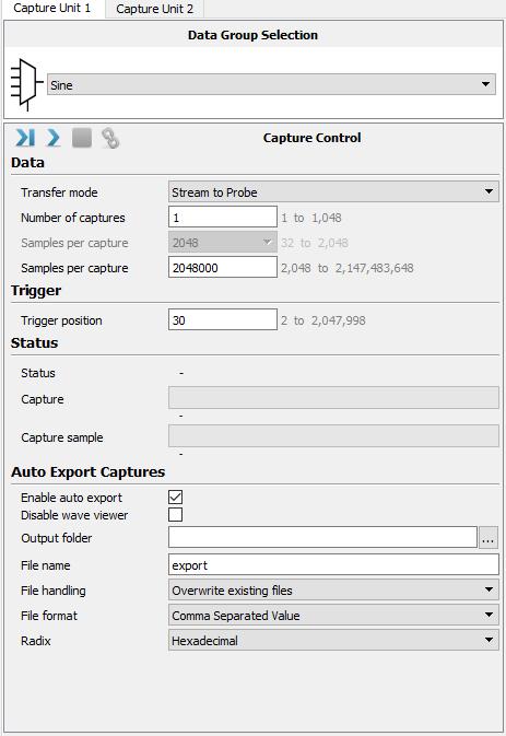 Capture Control Table 5 : Capture Controls Control Possible values Effect / Action Run with trigger (clickable button) Runs the capture taking all the defined settings into account: transfer mode,