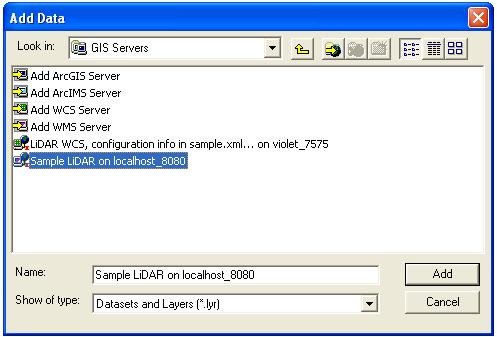 Step 6 Click on the ArcMap "Add Data" command button. Select the LIDAR Server and add it to your project You should now be viewing your LIDAR Server project in ArcMap.