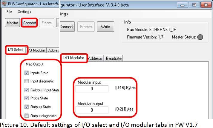 In picture 8 a view to Bus configurator "I/O Modular" tab with default conf.ini. Adjusting the conf.