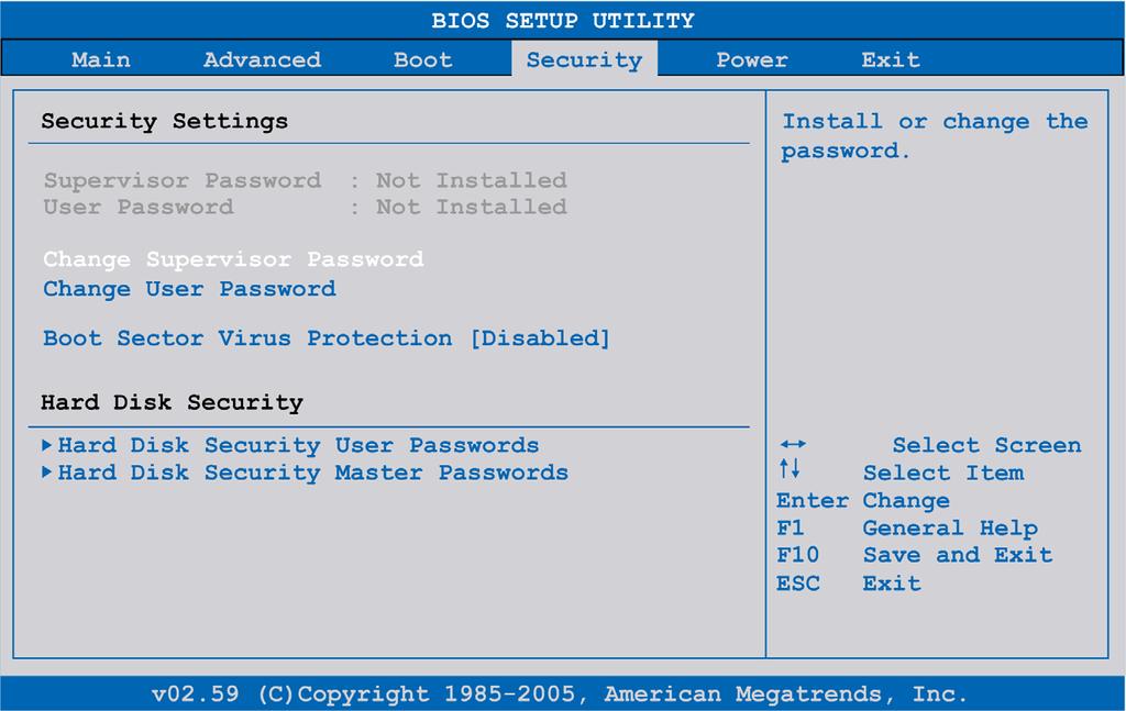 Configuration of the BIOS Security Menu Security Menu The following table shows the Security menu setting options: BIOS Setting Description Setting Options Effect Supervisor Password Displays whether