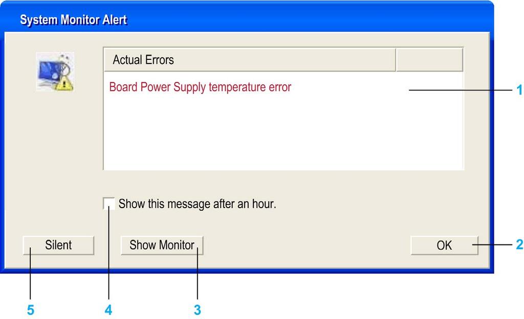 System Monitor Popup Window Description When an alarm is detected the following popup window is displayed: 1 Shows the alarm or item that can be reset. 2 Closes the System Monitor Alert window.