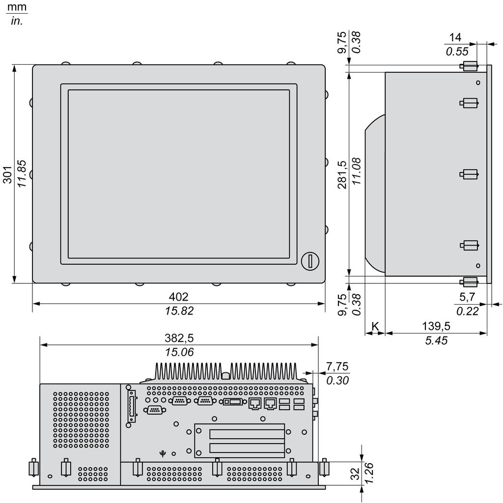 Dimensions/Assembly DC Panel PC 15" - 2 Slots Dimensions The following figure shows the dimensions of the DC Panel PC 15" with 2 slots: