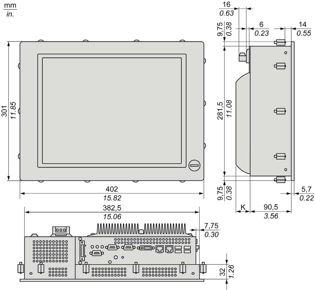Dimensions/Assembly AC Panel PC 15" - 0 Slot Dimensions The following figure shows the dimensions of the AC Panel