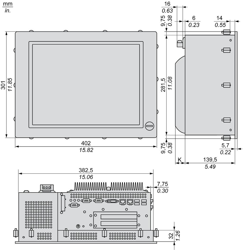 Dimensions/Assembly AC Panel PC 15" - 2 Slots Dimensions The following figure shows the dimensions of the AC Panel PC 15" with 2 slots: