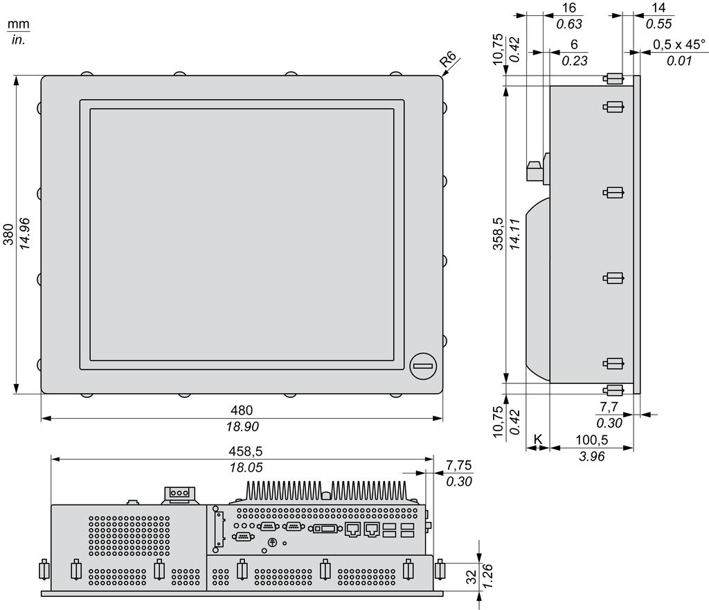 Dimensions/Assembly AC Panel PC 19" - 0 Slot Dimensions The following figure shows the dimensions of the AC Panel