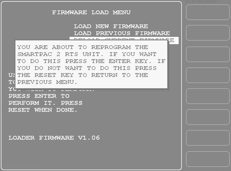 Updating SmartPAC 2 Firmware 1128300 Figure 5. Firmware Load Menu with RELOAD CURRENT FIRMWARE Highlighted 4.