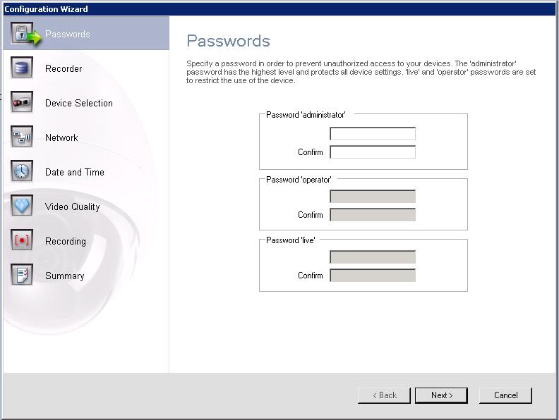 DIVAR IP 2000 System setup - first steps en 19 Passwords page This page allows you to specify a password to protect the devices from