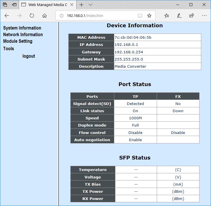 3.3 Network Information Below, Figure 3.3, shows the system setting information. Device Information Figure 3.