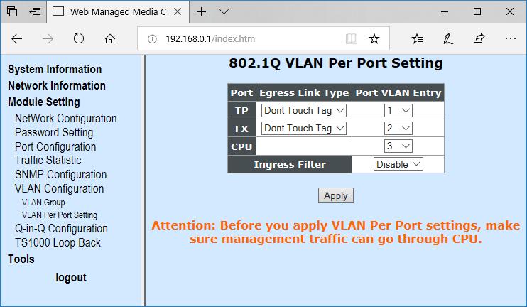 3.4.6.2 VLAN per Port Setting To set up each port s egress link type and VID select VLAN Per Port Setting. The following screen appears.