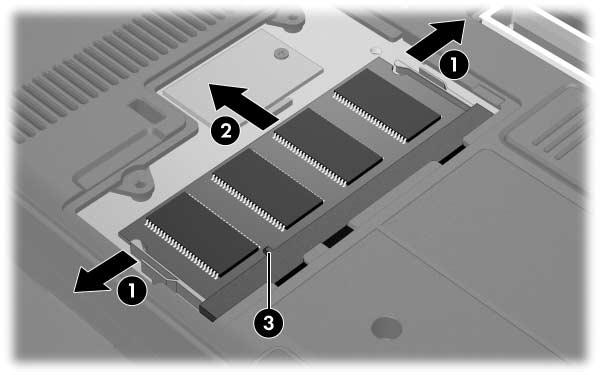 Removal and Replacement Procedures 5. Spread the retaining tabs 1 on each side of the memory module socket to release the memory module.