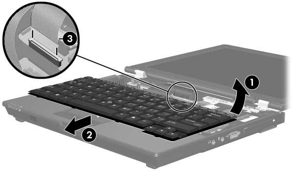 Removal and Replacement Procedures 9. Lift the rear edge of the keyboard 1 until it disengages from the notebook. 10. Slide the keyboard forward 2 until it rests on the palm rest. 11.