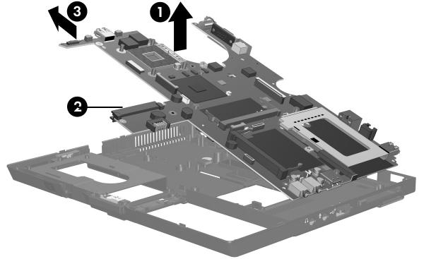 Removal and Replacement Procedures 5. Lift the left side of the system board 1 until the hard drive connector 2 is clear of the base enclosure. 6.
