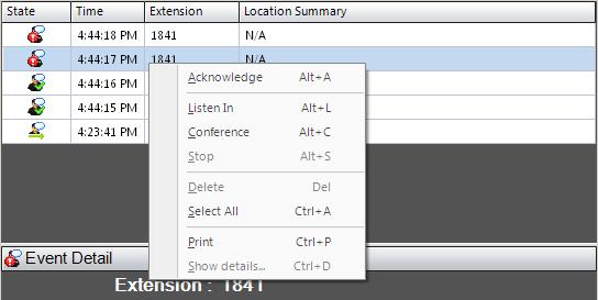 Figure 2-20 Event grid context menu Toolbar buttons The UCE Emergency On-Site Notification Client main window contains the following buttons: Listen In allows the user to listen to