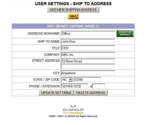 Add / Modify Shipping Enter the address information then click Update Settings to add the address.