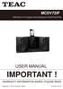 IMPORTANT! USER MANUAL. MCDV72iP WARRANTY INFORMATION INSIDE. PLEASE READ. DVD Micro Hi-Fi System with Docking for ipod/iphone/ipad.