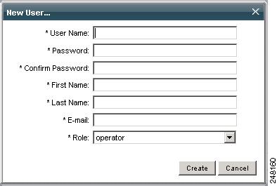 System Administration Chapter 9 Figure 9-18 New User Pop-Up Step 3 Enter the appropriate information in each of the fields as described in Table 9-9. All fields are required.