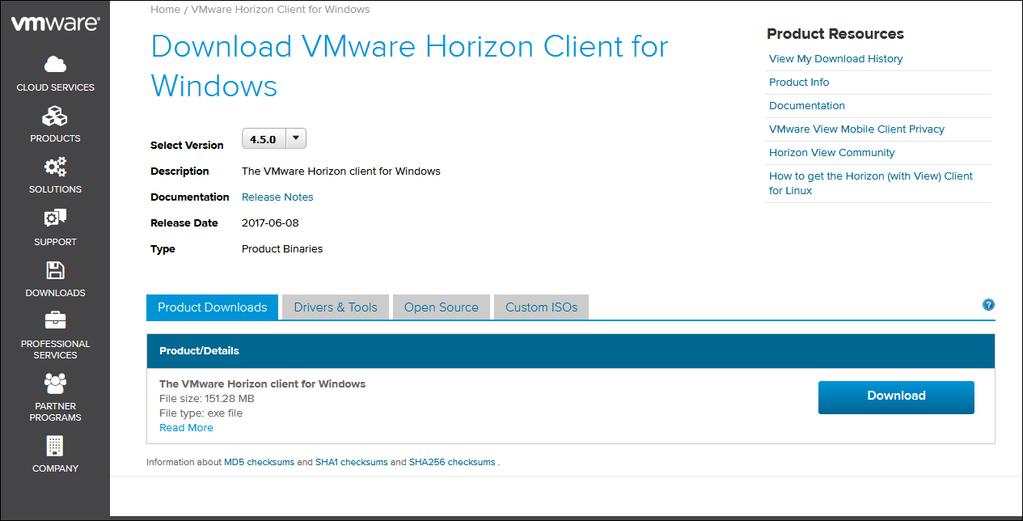 The Download VMware Horizon Client for Windows page is displayed.