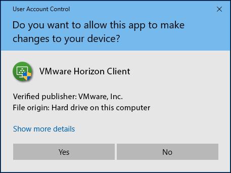 7. If prompted to allow the VMware Horizon app to make changes, click the Yes button. 8.