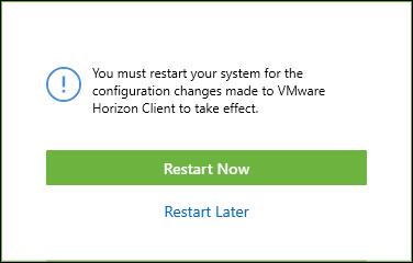 9. The VMware Horizon Client installation progress is displayed. Click the Finish button to continue. 10. You must restart your computer to complete the installation.