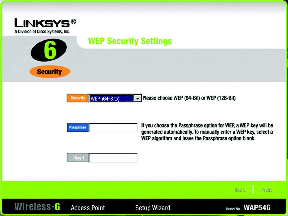 Figure 5-8: The WEP Settings Screen WPA Personal. With WPA Personal (WPA PSK, or Pre-Shared Keys) you have two encryption options, TKIP and AES, with dynamic encryption keys.