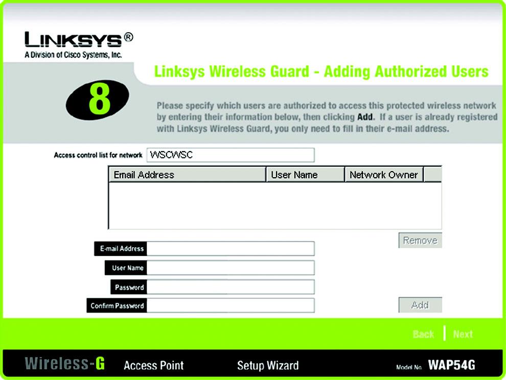 To finish configuring your wireless network, you will need to install the Linksys Wireless Guard client software for each PC that will have access.
