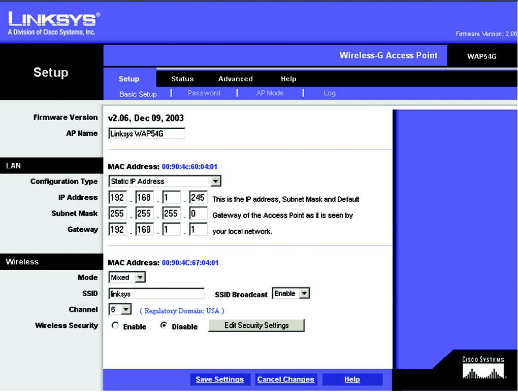 The Setup Tab Basic Setup The first screen that appears displays the Basic Setup screen. This allows you to change the Access Point's general settings.