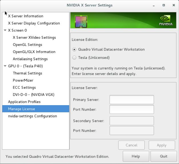 Licensing with Pass-Through Figure Managing Licensing in NVIDIA X Server Settings 3.. 5. 6. 7. Select.