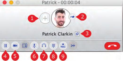 While a call is in progress you ll see the call window. Use this window to: 1. Add a participant 2. Transfer the call 3. Perform a CRM look-up 4. Put the call on hold 5. Send video 6.