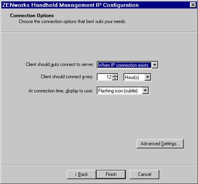 Client Should Auto Connect to Server: Select an option from the drop-down list: Never: The Palm OS IP client never automatically connects.