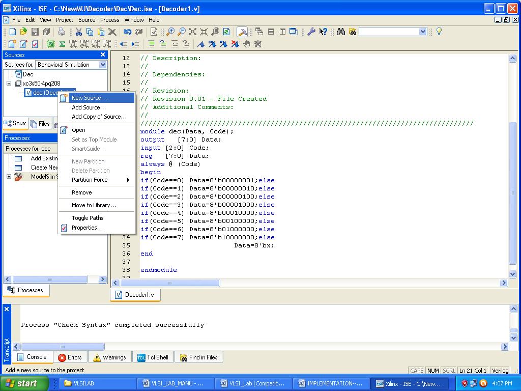 10. Once Check Syntax is Successful Simulate the design using ModelSim Change the