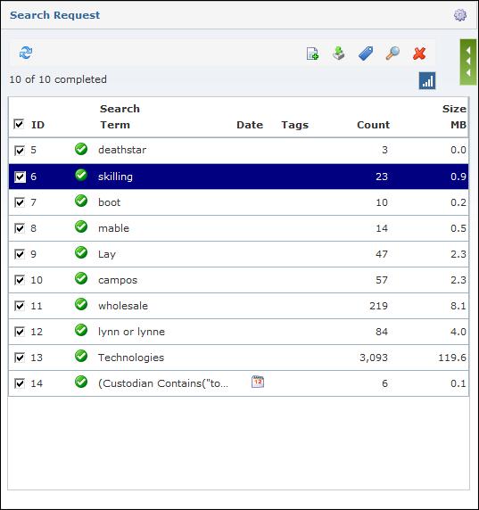 Early Data Analyzer Web 107 Search Request Pane Toolbar The Search Request pane toolbar is used to manage the case's search queries, including adding, tagging, running, and deleting search queries.