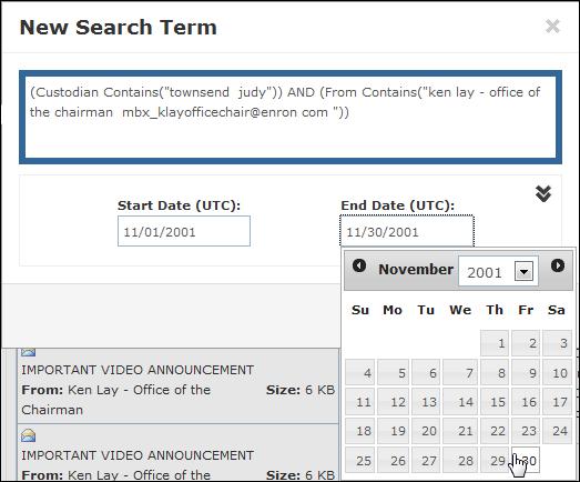 Early Data Analyzer Web 131 4. Click in the End Date (UTC) field to display the calendar, and then select the month, day, and year in the calendar.