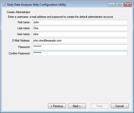 32 LAW PreDiscovery If this is the first time running the Early Data Analyzer Web Configuration Utility, the you will be prompted to input information to create the initial administrator for Early