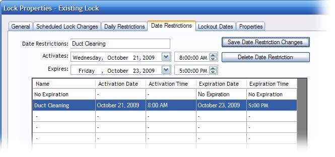 In this example, we ve created a Date Restric on for a company that will clean our facility s hea ng and air condi oning ducts. The ibu on Key we give the company will operate the lock from 8 a.m. on Wednesday, October 21, 2009, un l 5 p.