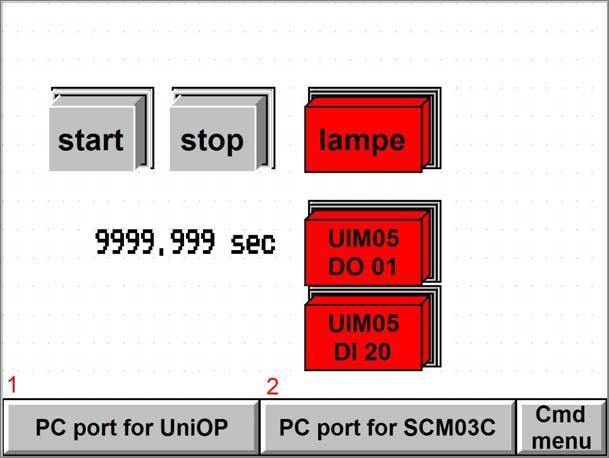 and "2"? These buttons are Generic Buttons programmed with the macro commands for port assignment. We will use the same cable and same PC/Printer UniOP port to program both devices (HMI and iplc).