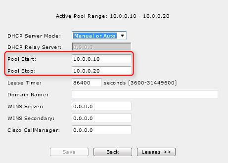 3. Select Manual or Auto from the DHCP Server Mode dropdown menu, and fill in Pool Start and Pool Stop
