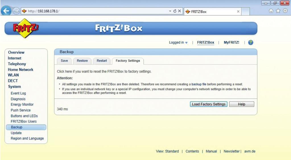 Factory Reset 14 Where your are experiencing irresolvable problems with the Fritz!Box, please complete the following steps to factory reset your Fritz!