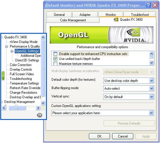OpenGL Settings Performance and Compatibility Options: These options can increase application performance in OpenGL 3D applications.