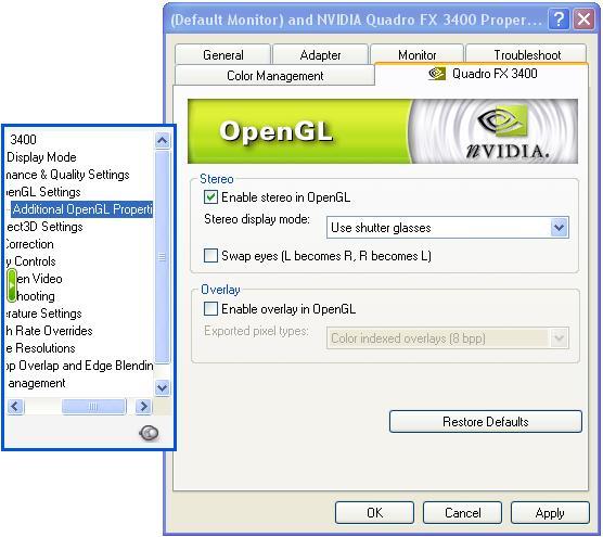 Additional OpenGL Properties Enable Stereo in OpenGL : To run stereo applications with shutterglasses or other hardware the driver exports OpenGL stereo pixelformats and organizes the memory.