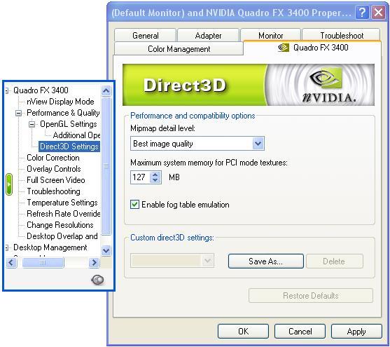 Direct3D Settings The following Direct3D Performance and Compatibility Options are explained so that the user may adjust the settings if needed to obtain optimal performance.