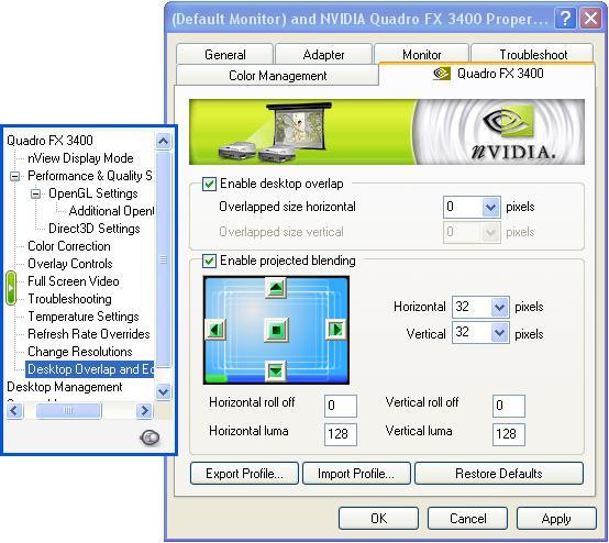Desktop Overlap: This option enables a desktop overlap. Enabled projected blending: This option allows to adjust lumas.